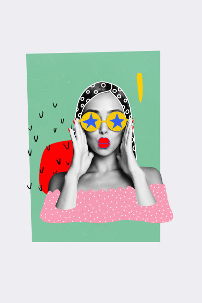 垂直照片拼贴，年轻的调皮女性，涂着红色口红，穿着时尚的服装，化着精致的妆容，佩戴眼镜，背景为时尚插画。图片下载