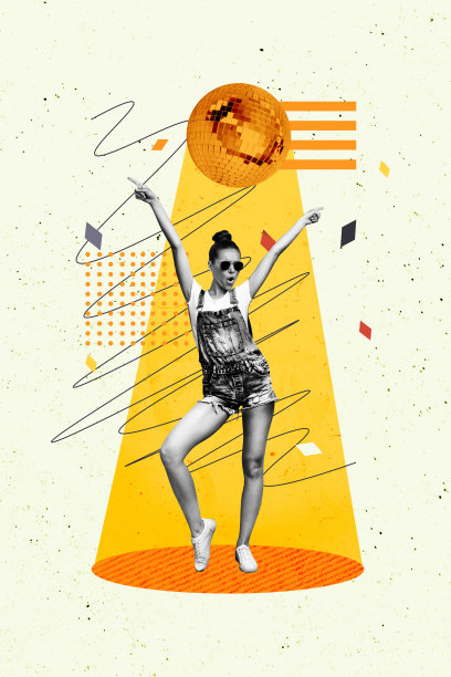 垂直照片拼贴，快乐时尚女孩穿着时尚短裤和太阳镜，在迪斯科球下跳舞，派对娱乐，背景为涂鸦风格。图片下载