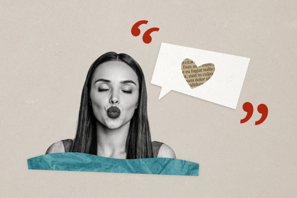 年轻漂亮女孩的照片拼贴，涂口红，吹嘴唇，传达爱心与情感，背景为绘画。图片下载