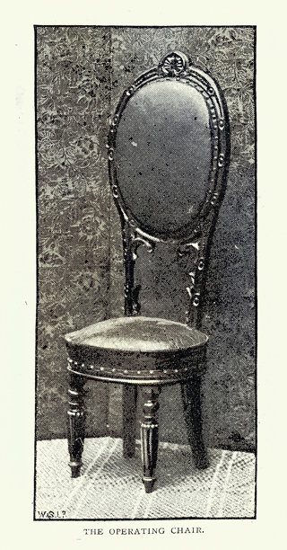 医疗历史，维多利亚时代医生莫雷尔·麦肯齐爵士的手术椅，19世纪复古照片图片下载