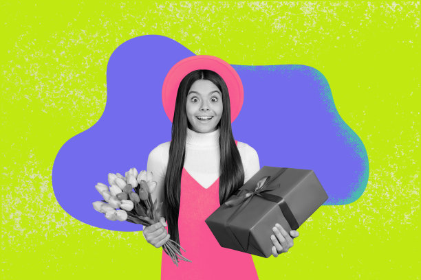 创意照片拼贴，年轻惊喜快乐的女孩收到花朵和礼品盒，惊喜的礼物，庆祝妇女节和生日，时尚的服装图片下载