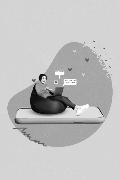 创意拼贴照片横幅，微笑女孩舒适地坐在豆袋椅上，使用智能手机聊天，笔记本电脑上有通知消息，背景为蓝色。图片下载