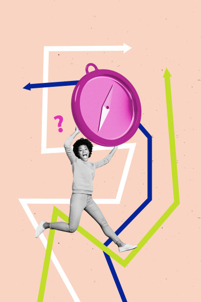 海报趋势模板 3D 照片拼贴，展示道路图形，箭头指示方向，年轻女士奔跑，手持指南针，旅行箭头指向。图片下载