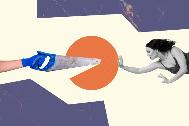 艺术海报照片拼贴，手握锋利的锯条工具，修理概念，切割球体，更新劳动，严肃的女孩策略图片下载