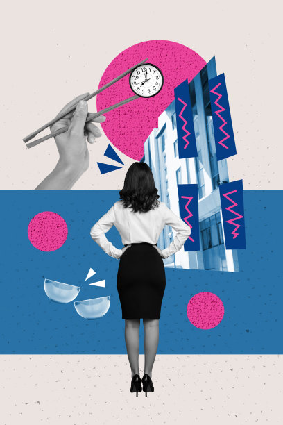 手持筷子的年轻女士站在背后，背景是日本东方文化元素的艺术照片拼贴，包含时钟和建筑。图片下载