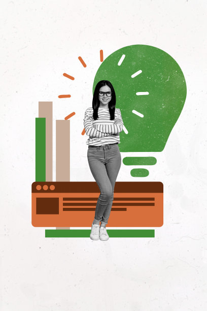 快乐的女经理站着双手交叉，界面网页图标，灯泡创意寻找计划的艺术图像竖版照片拼贴图片下载