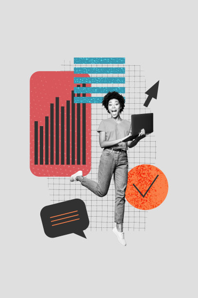 垂直素描3D艺术拼贴海报，快乐的美国女孩手持笔记本电脑，展示成功发展图表，勾选批准简历图标图片下载