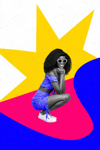 快乐的美国女孩穿着性感短上衣和短裙，时尚太阳镜，明星气质，独立于涂鸦背景的竖版照片拼贴。图片下载