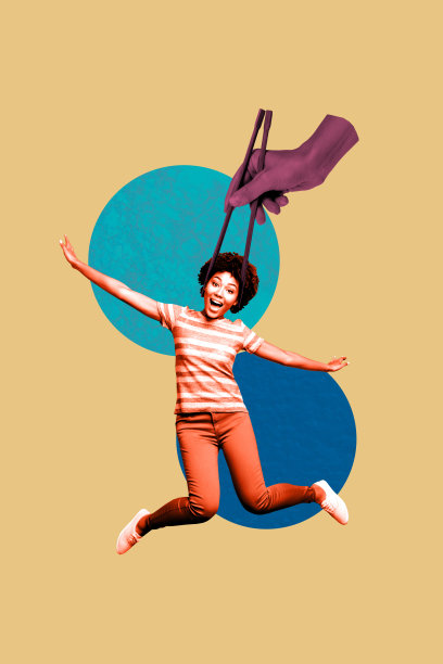 趋势艺术作品素描照片拼贴，手持亚洲厨房用具的年轻非洲女性微笑着飞翔。图片下载