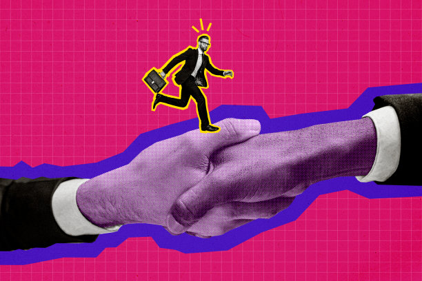 商务人士在涂鸦背景下握手达成协议的合成照片拼贴，象征着成功的合同和迟到的会议。图片下载