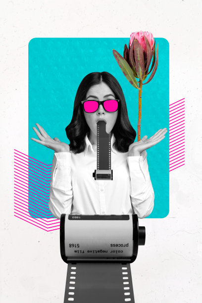 惊讶女孩佩戴粉色太阳镜，张嘴，复古相机胶卷拍摄概念的竖版海报照片拼贴。图片下载