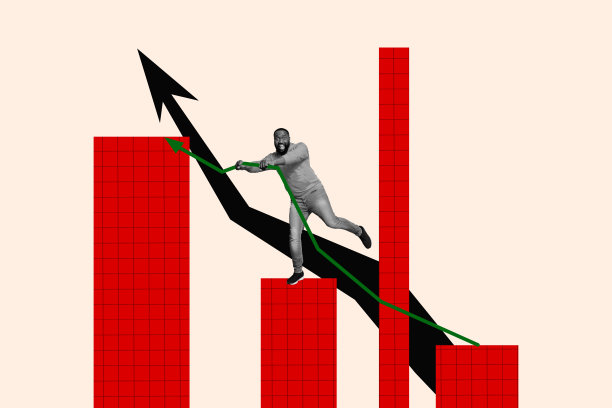 年轻项目经理在平台上分析图形箭头统计数据的3D照片拼贴合成趋势草图图片下载