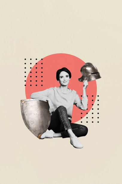 快乐女孩战士手持保护性钢盔、盾牌和盔甲，王国皇家军队战斗的海报图像竖版照片拼贴。图片下载