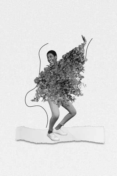 年轻无忧无虑、放松积极的女士穿着森林风格的服装，跳舞的垂直照片拼贴艺术，背景为灰色，自然叶子生态元素。图片下载