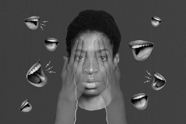 创意照片3D拼贴艺术明信片海报，描绘一位哭泣的女孩用手遮住眼睛，承受歧视，背景为绘画风格。图片下载