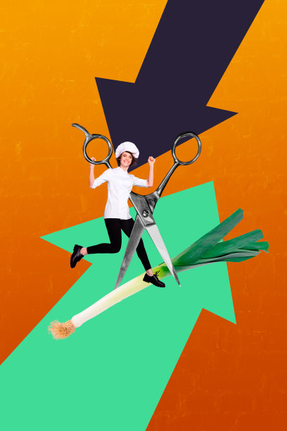 趋势艺术作品复合横幅 3D 照片拼贴，展示有机厨师厨房的卡路里，箭头指向年轻女士用剪刀切洋葱。图片下载