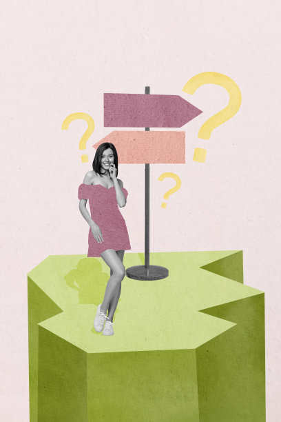 时尚图片，垂直照片拼贴，快乐女孩站在山坡上，路标箭头指向方向，问号，头脑风暴创意图片下载