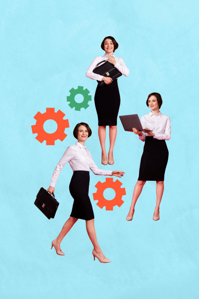 趋势图像：快乐的女商人手持笔记本电脑和公文包，象征成功、发展、进步和机遇的垂直照片拼贴。图片下载