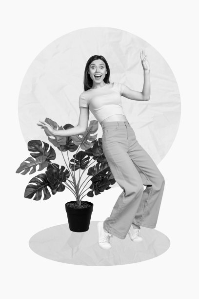 年轻兴奋惊讶的女性生态园艺活动家站在房屋植物榕树旁，背景为涂鸦艺术的竖版照片拼贴。图片下载