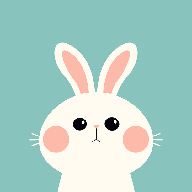 可爱的白兔剪影图标。搞笑的微笑脸庞。大大的粉红色脸颊。卡哇伊的卡通宝宝角色。快乐的复活节。情人节。贺卡。蓝色背景。扁平设计。图片下载