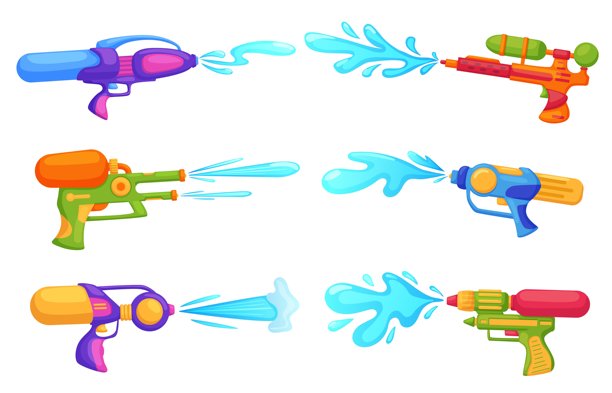 水枪。塑料亮色枪喷洒水滴，儿童玩具，适合宋干节和夏季沙滩游戏。带有水花的手枪，现代矢量图集。图片下载