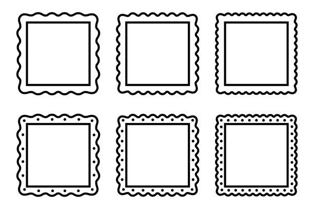 一组带波浪边缘的方框。用于图片、照片或镜子的渐变边框。空白框、标签、邮票或标签。矢量图形插图图片下载