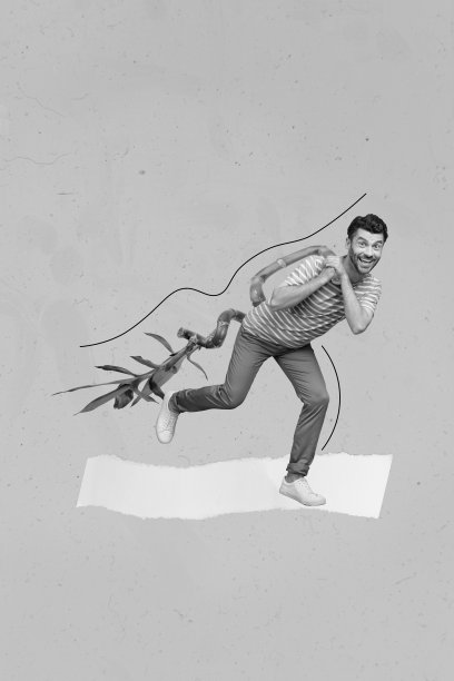 垂直创意照片拼贴插图，搞笑、时尚、无忧无虑的积极男士在绿色背景上拉扯花卉植物。图片下载