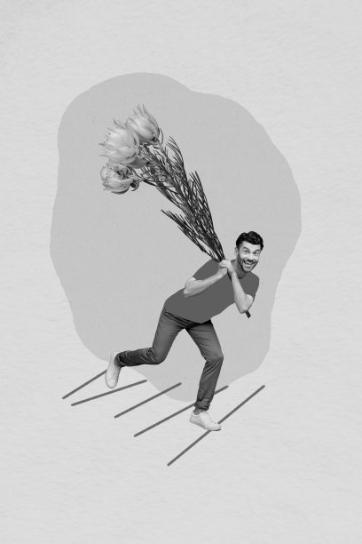 创意照片3D拼贴艺术明信片海报，积极向上的男孩手捧大花束，约会女友，背景为绘画风格。图片下载