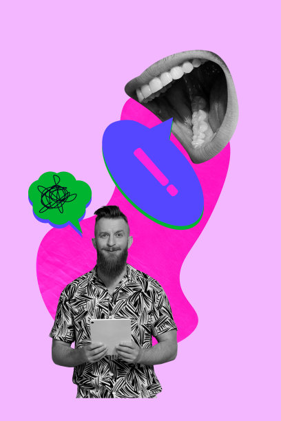 海报图像，纵向照片拼贴，快乐的男人手持平板，嘴巴大喊，工作负担、紧张、责备、虐待、问题、愤怒的气泡。图片下载