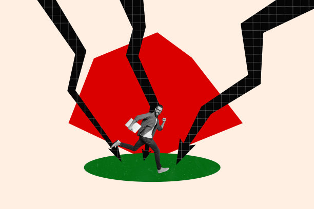 趋势艺术作品草图照片拼贴，分析老板手持笔记本电脑，面对巨大的向上箭头，统计危机减少损失。图片下载