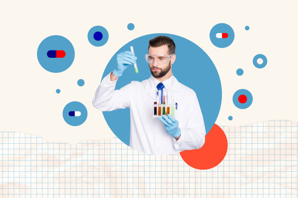 严肃的医生手持试管样本，进行新冠预防药物实验的合成照片拼贴，背景为涂鸦风格。图片下载