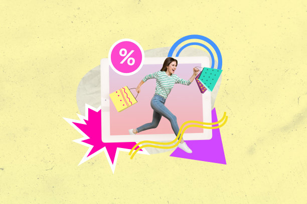 兴奋女孩手持购物袋在iPad屏幕上在线购物，黑色星期五促销百分比，背景为涂鸦风格的合成照片拼贴。图片下载