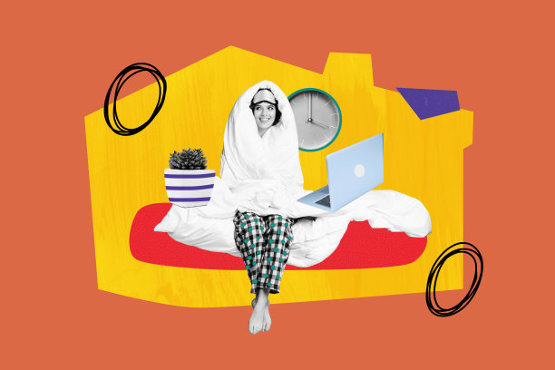 快乐女孩穿着睡衣坐在床上，使用MacBook进行自由职业的复合照片拼贴，背景为涂鸦风格。图片下载