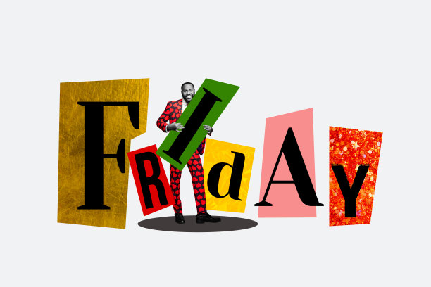 创意图片拼贴，年轻绅士庆祝周五，周末放松，节日服装，巨大的字母，假日气氛图片下载