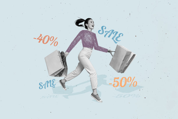 创意3D照片艺术图形拼贴画，描绘一位无忧无虑的女士在蓝色背景下奔跑购买打折衣物。图片下载