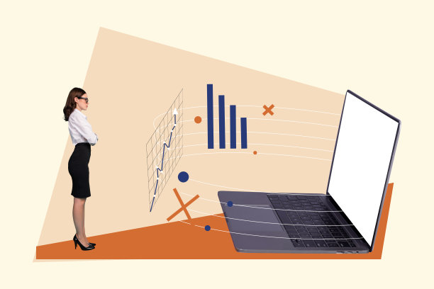 年轻女商人站立，双手展开，展示项目结果统计图表和图形的3D照片拼贴艺术草图。图片下载