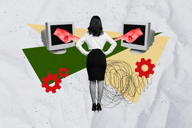 年轻女士背对着旧款复古电脑显示器，手指指向齿轮，构成的3D照片拼贴艺术作品。图片下载