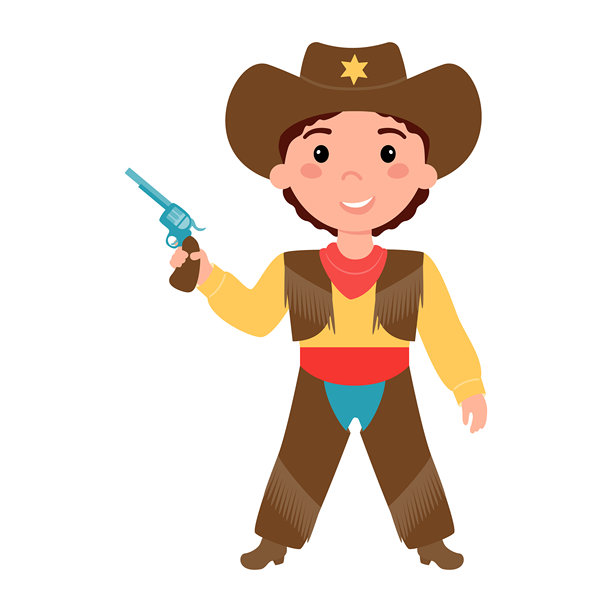 穿着牛仔服装的小男孩，扮演警长，手中拿着一把枪。图片下载