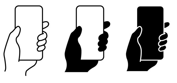 手持智能手机图标。各种手势握持空白屏幕智能手机，用于发送消息或拍照。矢量插图。图片下载