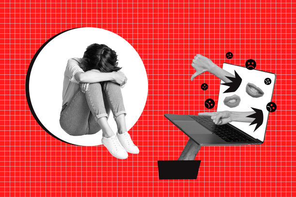 合成照片拼贴，沮丧的女孩抱膝，手握MacBook屏幕，指向不喜欢的网络欺凌悲伤表情，背景为涂鸦风格。图片下载