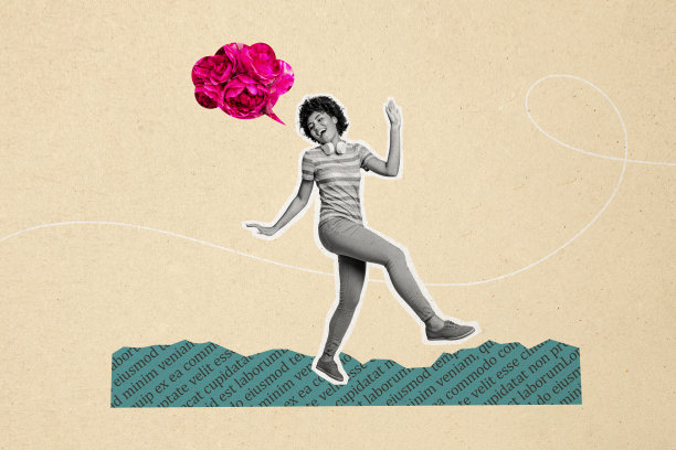 创意图片拼贴，快乐的女性说着交流短语，背景是粉色花朵和植物插图。图片下载