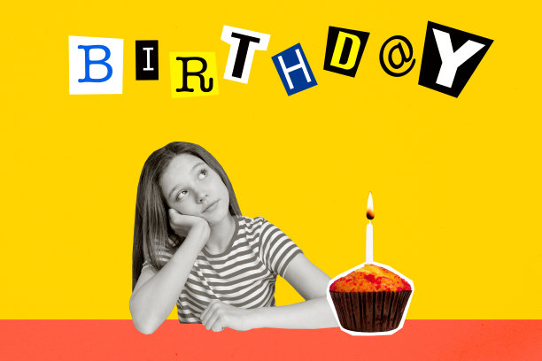 梦幻女孩庆祝生日的创意3D照片艺术图形拼贴画，感到孤独与隔离的绘画背景图片下载