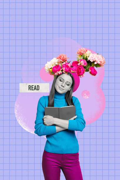 快乐的书呆子女孩手持书籍，享受爱好，佩戴美丽的牡丹花环，春季背景下的竖版照片拼贴。图片下载