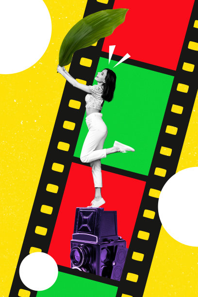 兴奋女士在彩色照片上制作拼贴画的艺术杂志，背景为素描风格。图片下载