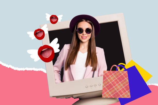 震惊女孩的拼贴照片，张嘴，手握拳击手套，踢向下箭头，硬币，通货膨胀，破产，背景为涂鸦风格。图片下载