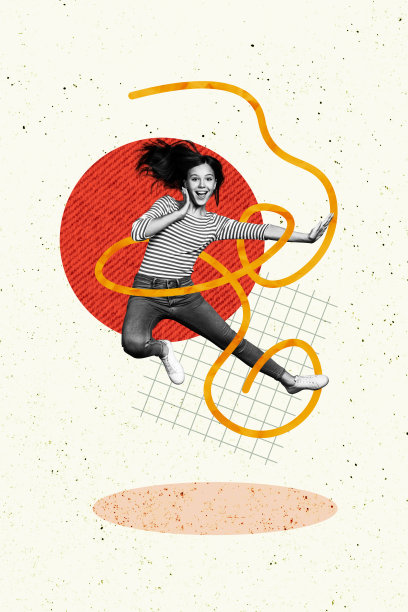 快乐活跃的运动女孩在涂鸦背景下进行空手道跳踢活动的竖版照片拼贴，展现健康的生活方式和爱好。图片下载