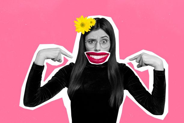 惊讶的女性指着嘴巴，拼图花卉自然，奇特的幻想广告牌漫画杂志的拼贴画图片图片下载