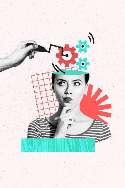 垂直照片拼贴，展示思维女孩与大脑齿轮，头脑风暴过程优化，手扭杠杆，背景为涂鸦风格。图片下载