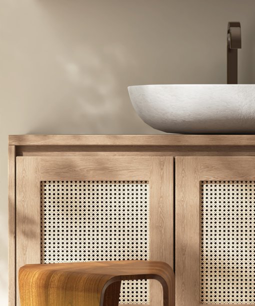 棕色木质讲台桌，木质梳妆柜台配白色石材洗手盆，浴室内在米色墙壁上洒落的阳光下，适用于现代奢华美容、化妆品、护肤和身体护理背景的3D效果图片下载