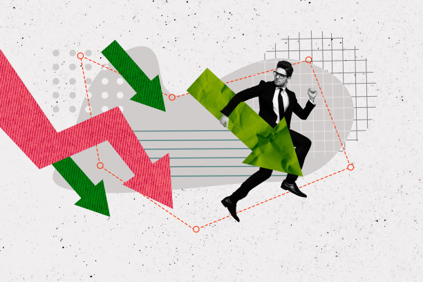 严肃商人的合成照片拼贴，表现箭头向下的失败、经济衰退问题，背景为涂鸦风格。图片下载